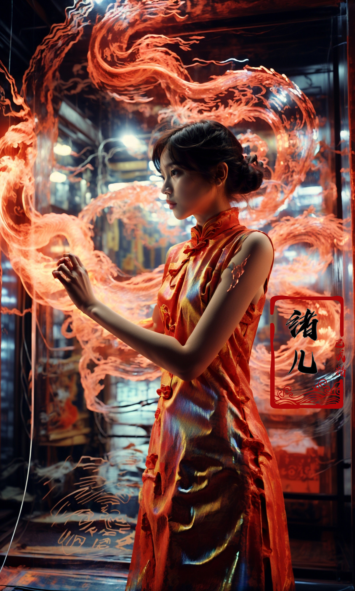 606247209521968586-4205004125-Red holographic dragon, 1girl，(Red cheongsam_1.5)，upper body,_A shot with tension，(sky glows red,Visual impact,giving the poster.jpg